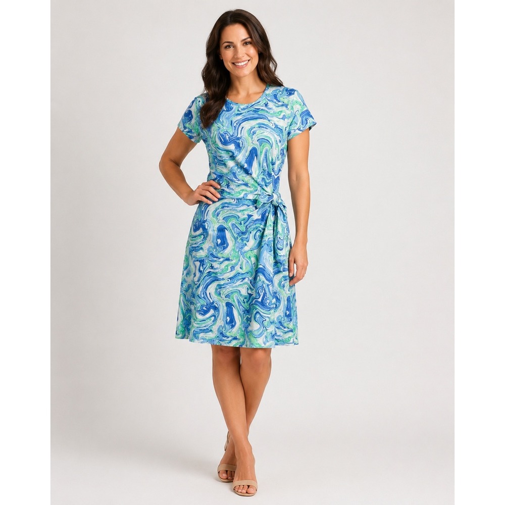 J. McLaughlin Dress Women XS Blue Green Marble Faux Wrap Side Tie Catalina Cloth